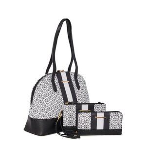 Time and Tru Women's 3 in 1 Satchel Bag 3-Piece Set Black Geometric